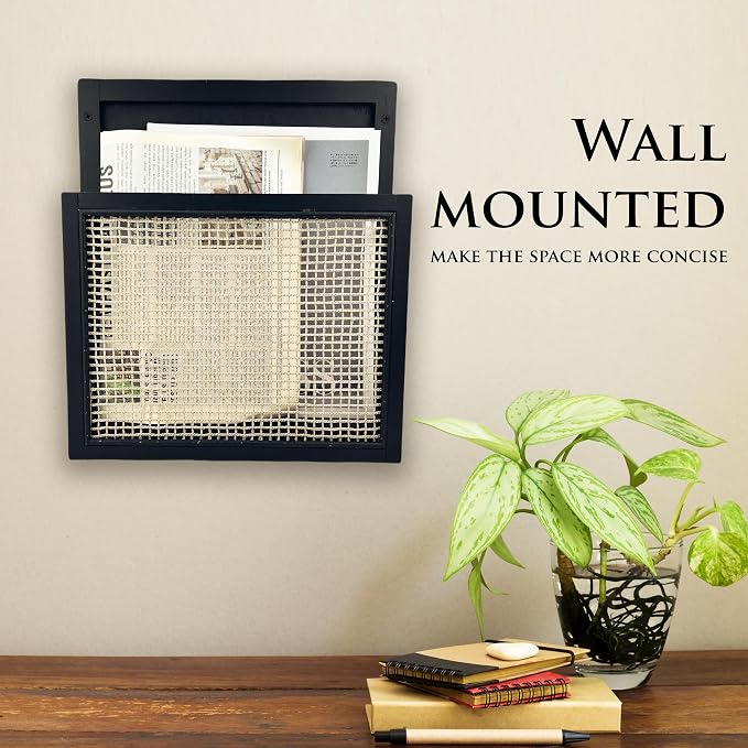 Wooden Wall Magazine Holder, Boho Style File Organizer,Wall Mounted Magazine Rack, File Holder For Entryway Living Room Kids’ room and Office, Hanging Mail Organizer (Black) - Image 2