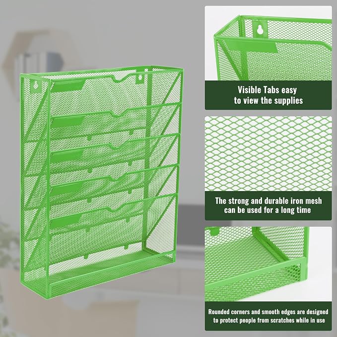 6 Tier Mesh Hanging Wall File Organizer, Desk Vertical Mail Paper Document Folder Holder Rack with Bottom Tray and Nametag Label for Office Home School, Green - Image 4