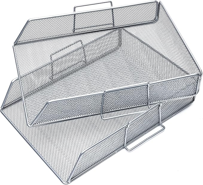EXERZ Paper Sorter 2pcs Tier Stackable A4 Desk Organiser Letter Tray Silver | Durable Metal Mesh Holds Papers Files Folders Notebooks And Magazines For Office Home Study Classroom Desks - Image 4