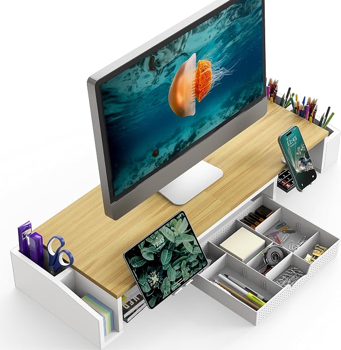 Simple Houseware Desk Dual Monitor Stand Riser with Drawer, Oak | Customizable Organizer Tray, Built-In Phone & Tablet Slot and Side Storage - Image 2