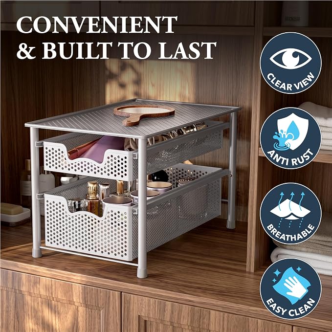 Simple Houseware Stackable 2 Tier Sliding Basket Organizer Drawer, White - Image 5