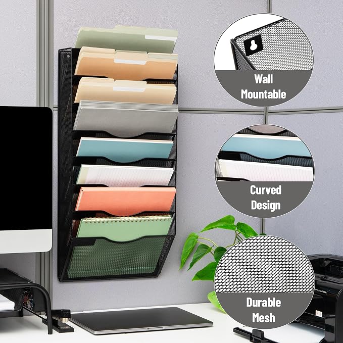 Mind Reader Wall File Organizer, 8 Pocket Hanging Document Rack, Office Wall Mount, Metal Mesh, Black - Image 4
