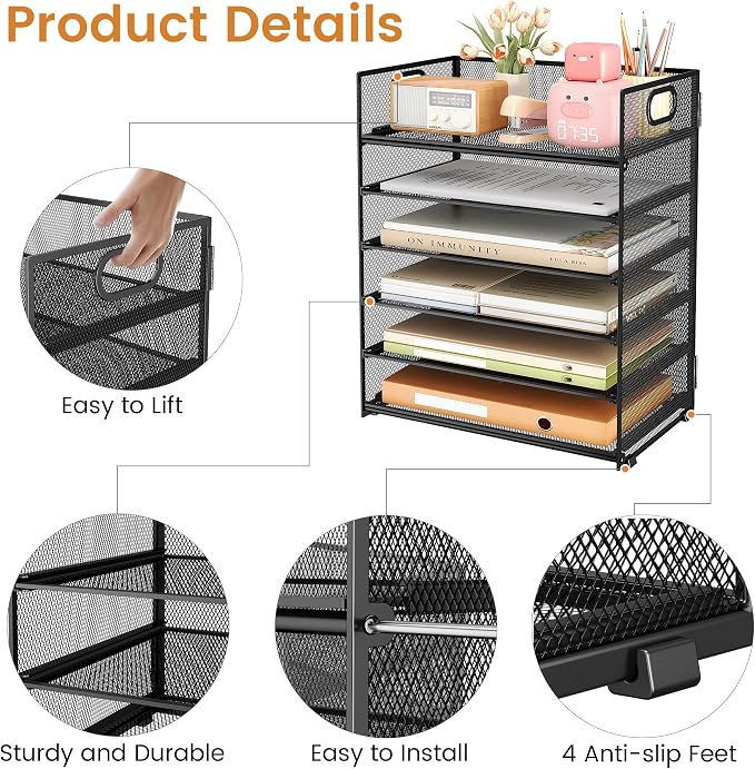 Subekyu 6 Tier Paper File Tray Organizer for Desk, Black Mesh Desk Letter Paper File Folder Accessories Sorter Organizer with Handle, Stackable Slide Tray for Office, Home or School Supplies Storage - Image 5