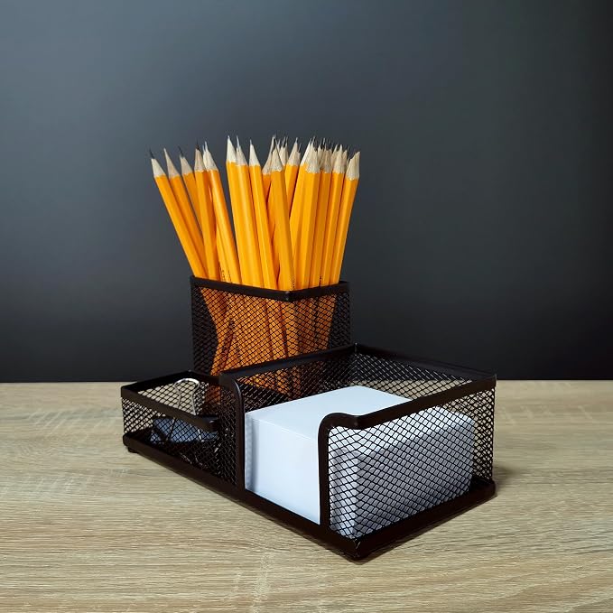 D.RECT KOMO 3-Compartment Metal Mesh Desk Organizer - Multifunctional Pen & Office Supply Holder - Compact & Durable, Black - Image 3
