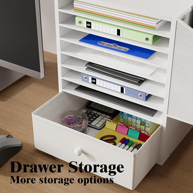 Unionly 12x12 Scrapbook Paper Organizer with drawer for Office,Classroom | 7 Tier Adjustable cardstock storage,Wooden mail sorter with name slot,paper storage organizer for school,classroom,office - Image 3