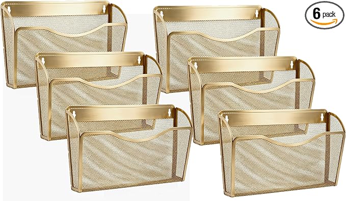 Gawerk Mesh Hanging Wall File Holders, Metal Vertical Wall Basket Mail Organizer for Office/Home (Gold, 6 Pack Wall Mounted) by Gawerk