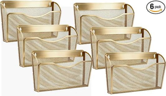 Gawerk Mesh Hanging Wall File Holders, Metal Vertical Wall Basket Mail Organizer for Office/Home (Gold, 6 Pack Wall Mounted) by Gawerk