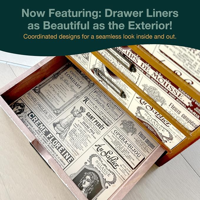 4-Drawer Vintage Ephemera Pattern Desktop Organizer - Arts and Craft Newspaper Design Desk Storage Cabinet - Ephemera Wood Shelf Drawers with Label Holders - Scrapbook Collecting - Image 3