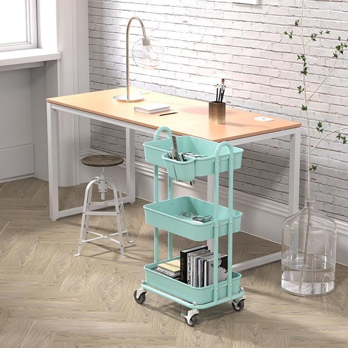 Simple Houseware 3-Tier Rolling Utility Cart with Hanging Bucket, Turquoise | Storage for Bathroom, Kitchen, Office, Study Room, Nursery Diaper - Image 4