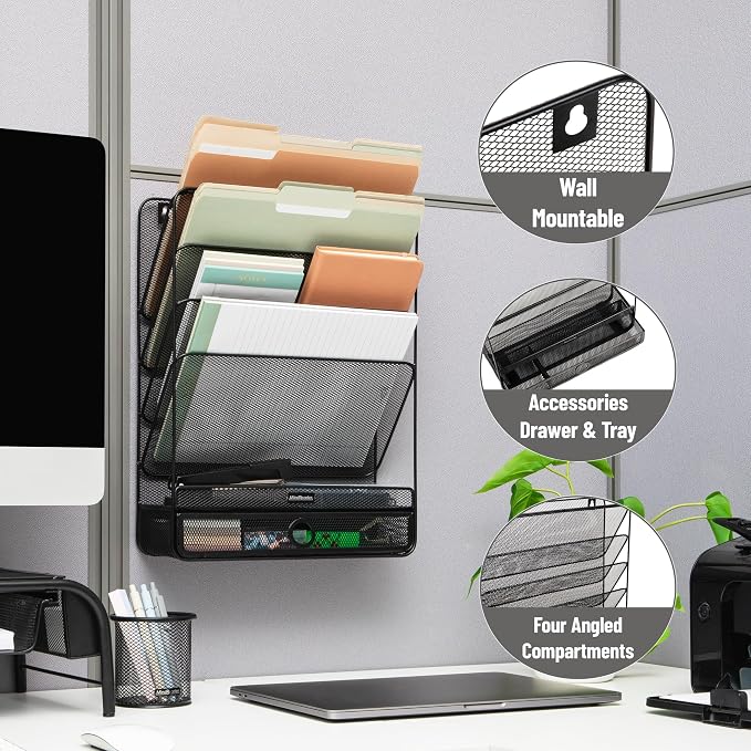 Mind Reader 4-Tier Vertical File Storage, Desktop Organizer, Wall Mount, Office, Metal Mesh, 12.5"L x 4"W x 16.5"H, Black - Image 4