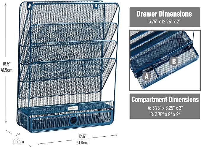 Mind Reader 4-Tier Vertical File Storage, Desktop Organizer, Wall Mount, Office, Metal Mesh, 12.5"L x 4"W x 16.5"H, Turquoise - Image 3