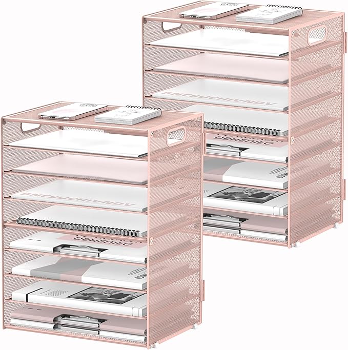 9-Tier Paper Organizer for Desk, Letter Tray with Handles, Pink, 2 Pack | Desk File Organizer with Removable Trays for Sorting Files, Folders, Mail and Printer Paper at Home, School or Office by DALTACK