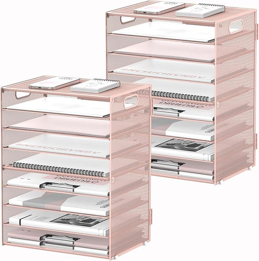 9-Tier Paper Organizer for Desk, Letter Tray with Handles, Pink, 2 Pack | Desk File Organizer with Removable Trays for Sorting Files, Folders, Mail and Printer Paper at Home, School or Office by DALTACK