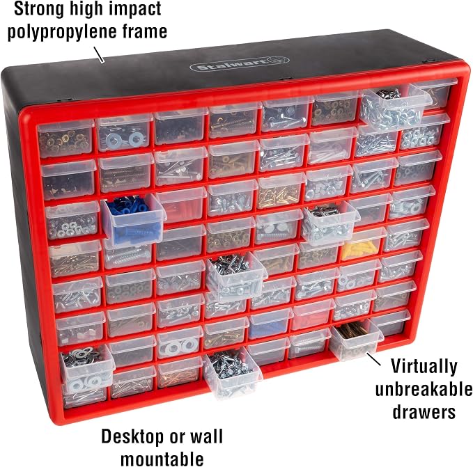 64-Drawer Storage Organizer - Plastic Drawers for Organization - Desktop or Wall-Mounted Container for Hardware, Tools, and Beads by Stalwart (Red) - Image 4
