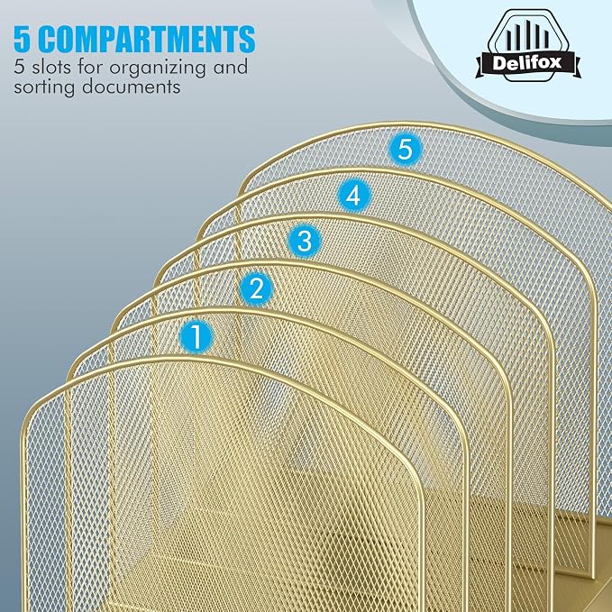 Delifox Inclined Desk File Organizer,Vertical File Folder Holder Stand Metal Rack File Sorter for Office Classroom Desktop Organization (1, Gold, 5) - Image 6