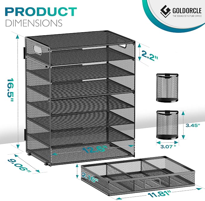 8 Tier Paper Letter Tray Organizer (Black-with Drawer,Pen Holders) | Mesh Desk File Holder Storage Organization for Home School Classroom & Office - Image 3