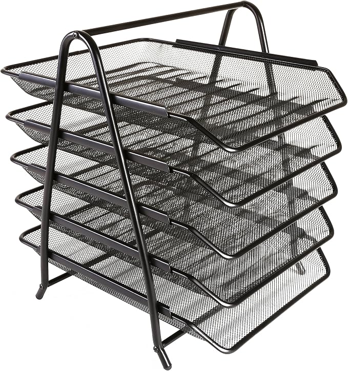 OSCO Black Wire Mesh 5 Tier Letter Tray | A4 | Desk File Organiser | Paper Storage | Office Document Sorter | Paperwork Filing | Easy Assembly | H37.3 x W29.5 x D34.0 cm | by Osco