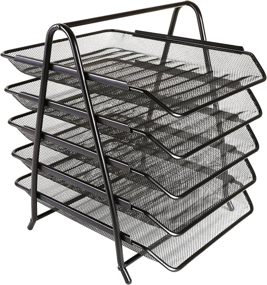 OSCO Black Wire Mesh 5 Tier Letter Tray | A4 | Desk File Organiser | Paper Storage | Office Document Sorter | Paperwork Filing | Easy Assembly | H37.3 x W29.5 x D34.0 cm | by Osco