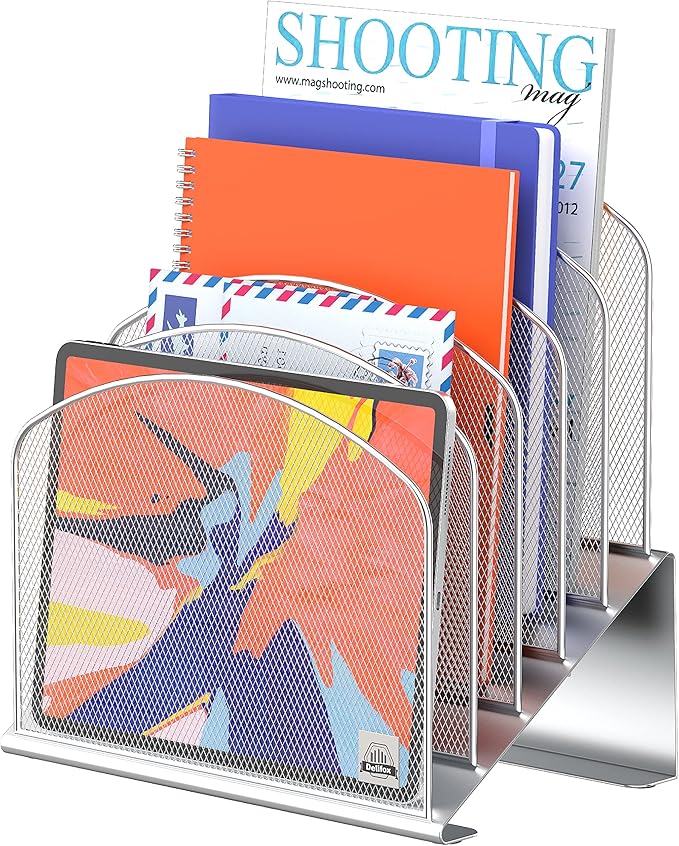 Delifox Inclined Desk File Organizer,Vertical File Folder Holder Stand Metal Rack File Sorter for Office Classroom Desktop Organization (1, Silver, 5) by Delifox