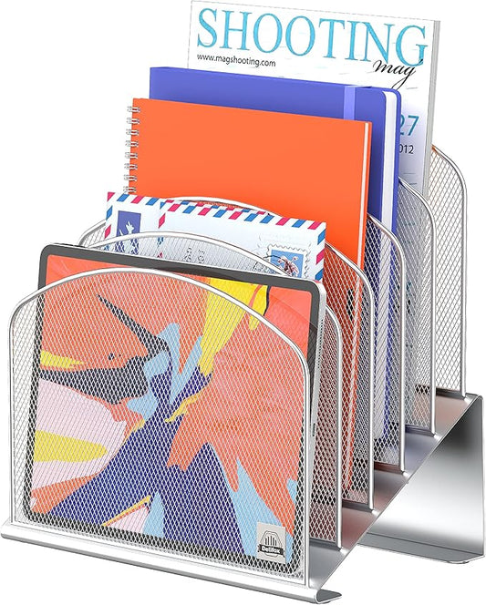 Delifox Inclined Desk File Organizer,Vertical File Folder Holder Stand Metal Rack File Sorter for Office Classroom Desktop Organization (1, Silver, 5) by Delifox