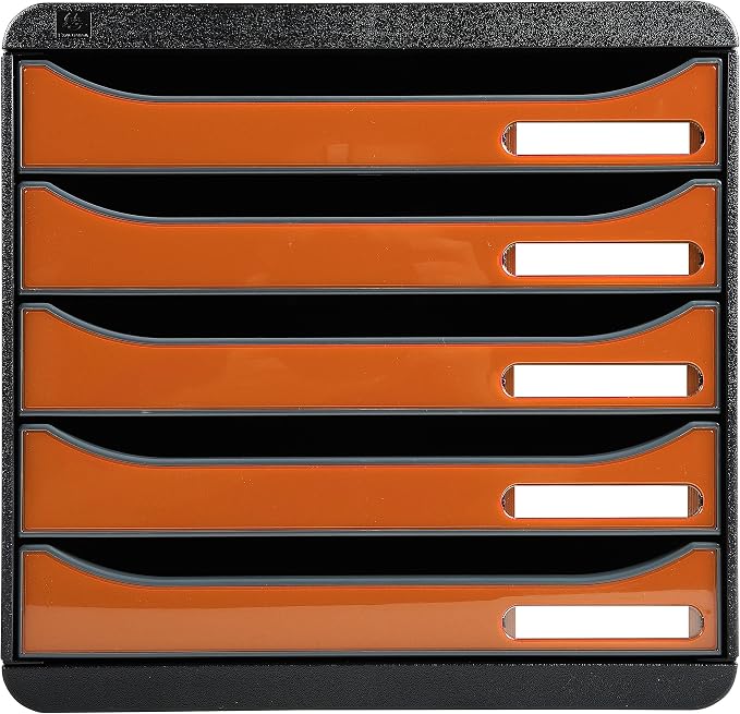 Exacompta - Ref 3097288D - Big-Box Plus Desktop Drawer Set - 5 x 43mm Drawers, Suitable for A4+ Documents, 347 x 278 x 271mm, 100% Recycled Plastic - Black/Glossy Tangerine by +Office+Supplies