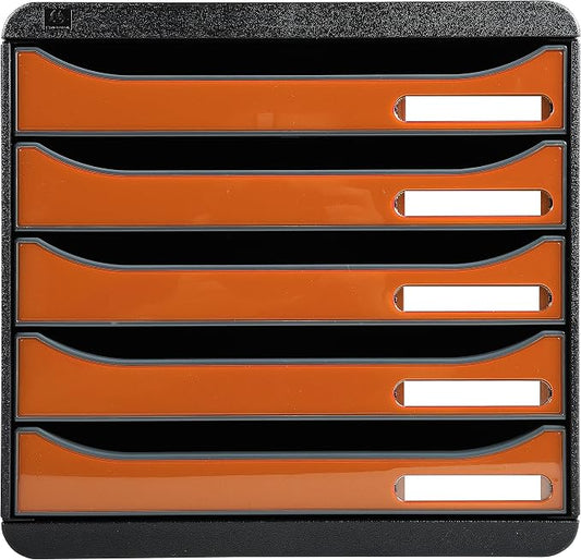 Exacompta - Ref 3097288D - Big-Box Plus Desktop Drawer Set - 5 x 43mm Drawers, Suitable for A4+ Documents, 347 x 278 x 271mm, 100% Recycled Plastic - Black/Glossy Tangerine by +Office+Supplies