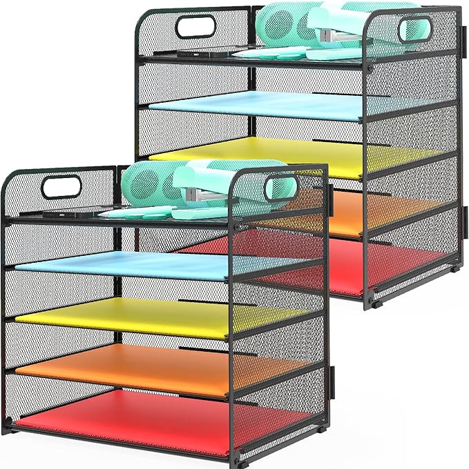 2 Pack Letter Tray 5-Tier Desk Organizer File Paper Holder with Handle, Metal Desktop Document Shelf Tray Office Classroom Organization - Black by Sinboun