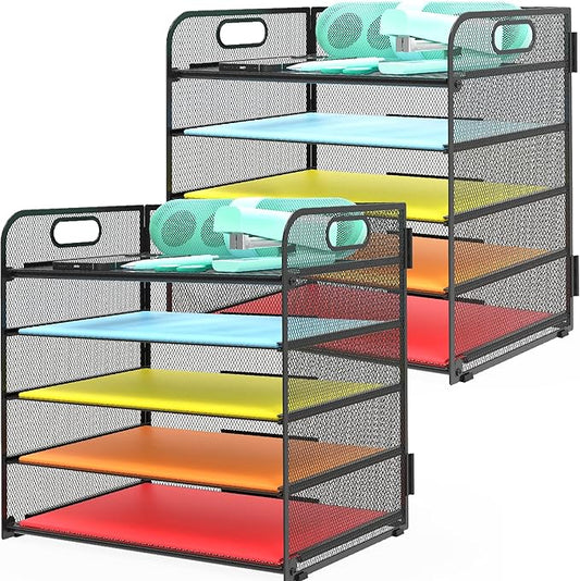 2 Pack Letter Tray 5-Tier Desk Organizer File Paper Holder with Handle, Metal Desktop Document Shelf Tray Office Classroom Organization - Black by Sinboun