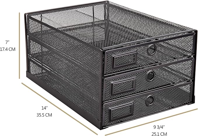 Annova Desk Organizer Wire Mesh 3 Tier Sliding Drawers Paper Sorter/Multifunctional/Premium Solid Construction for Letters, Documents, Mail, Files, Paper, Kids' Art Supplies (Black) - Image 3