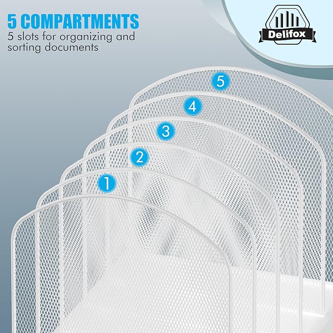 Delifox Inclined Desk File Organizer,Vertical File Folder Holder Stand Metal Rack File Sorter for Office Classroom Desktop Organization (2, White, 5) - Image 6