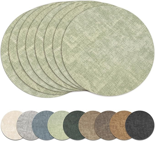 13" Round Placemats Set of 8, Reversible Faux Leather Heat Resistant Table Mats, Waterproof Oilproof Wipeable Table Protective Placemats for Vinyl, Washable for Indoor & Outdoor Use (8, Light Green)