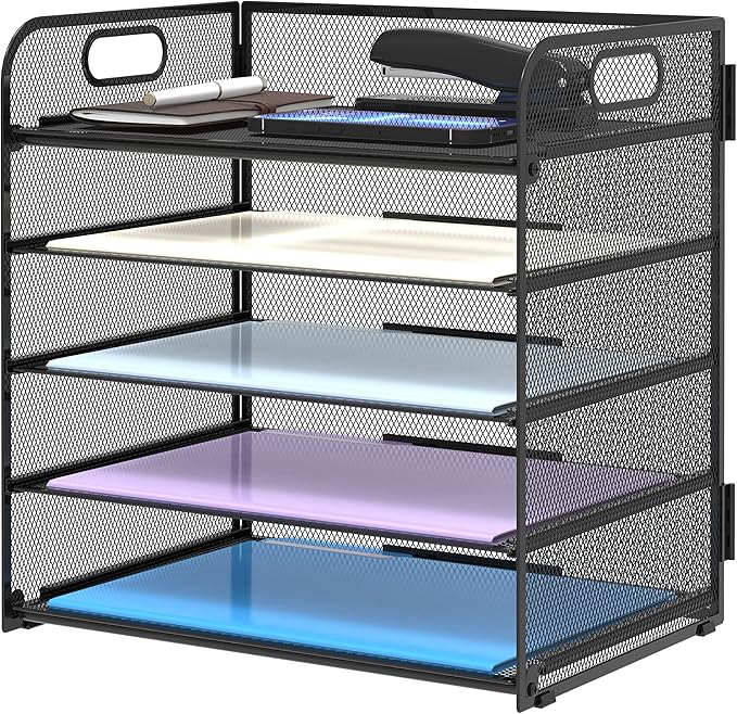 5 Trays Paper Organizer Letter Tray with Handle-Mesh Desk File Holders, Paper Sorter Desk Organizer for Office, Home, Classroom or School by SUPEASY