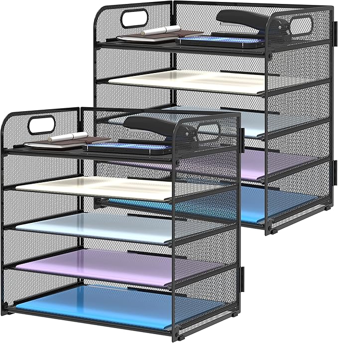 2 Pack 5-Tier Desk Organizer with Handle Mesh Desk File/Paper Organizer Letter Tray for Office, School, Classroom and Home Easy Installation, Black by SUPEASY