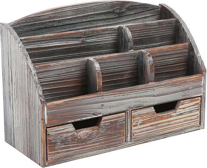MyGift Office Supply Organizer with Drawers, Torched Wood Desktop Storage | Multi-section storage keeps pens, stationery, gadgets, and workspace essentials neatly arranged with rustic wood finish by MyGiftHome