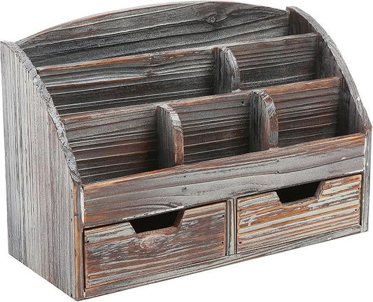 MyGift Office Supply Organizer with Drawers, Torched Wood Desktop Storage | Multi-section storage keeps pens, stationery, gadgets, and workspace essentials neatly arranged with rustic wood finish by MyGiftHome