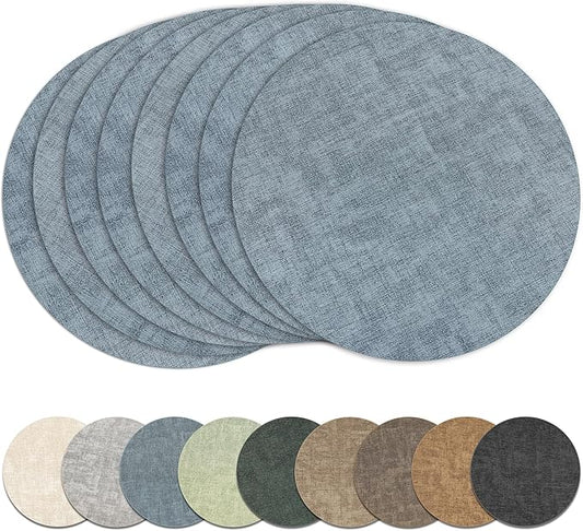 13" Round Placemats Set of 8, Reversible Faux Leather Heat Resistant Table Mats, Waterproof Oilproof Wipeable Table Protective Placemats for Vinyl, Washable for Indoor & Outdoor Use (8, Light Blue)