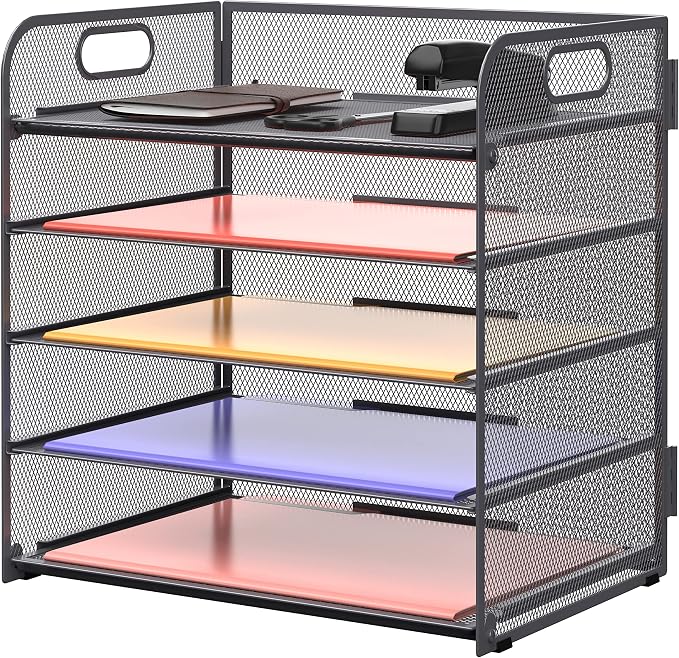 5 Trays Paper Organizer Letter Tray with Handle-Mesh Desk File Organizer, Grey Paper Sorter Desk Organizer for Office, Home or School by SUPEASY