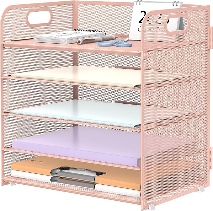 5 Trays Paper Organizer Letter Tray with Handle-Mesh Desk File Holders, Paper Sorter Desk Organizer for Office, Home, Classroom or School, Pink by SUPEASY