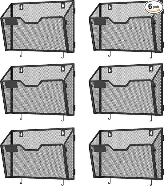 Docnest 6 Pack Mesh Wall File Holders with Hooks for Mail, Black | Space-saving vertical design with utility hooks. Ideal paper document organizer for office, home, and school by DocNest