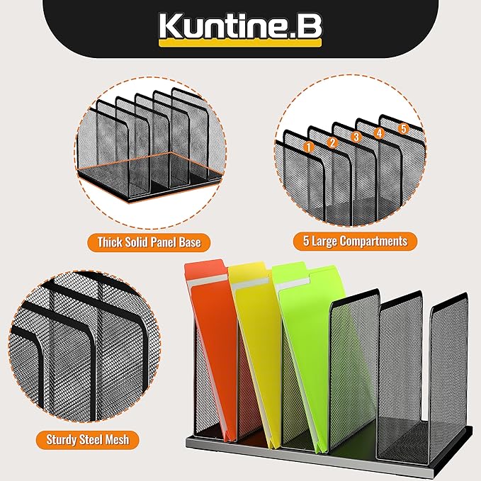 Kuntine.B Desk File Organizer Upright Mesh Desktop Organizer File Sorter Office Organization File Holder for Home, Office & Classroom (Black, 1 Pack 5-Section) - Image 6