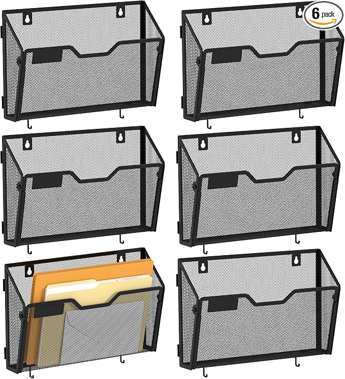 YINGHUA 6 Pack Wall Mounted Mesh File Folder Organizer with Hooks, Black | 12.6" durable metal hanging baskets. Perfect vertical storage for mail, magazines and papers in office, home or school. by YINGHUA