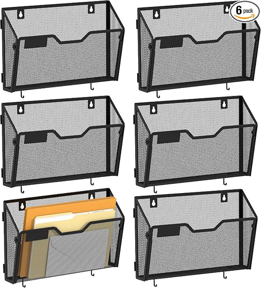 YINGHUA 6 Pack Wall Mounted Mesh File Folder Organizer with Hooks, Black | 12.6" durable metal hanging baskets. Perfect vertical storage for mail, magazines and papers in office, home or school. by YINGHUA