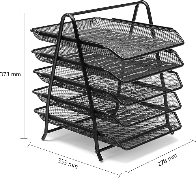 OSCO Black Wire Mesh 5 Tier Letter Tray | A4 | Desk File Organiser | Paper Storage | Office Document Sorter | Paperwork Filing | Easy Assembly | H37.3 x W29.5 x D34.0 cm | - Image 3
